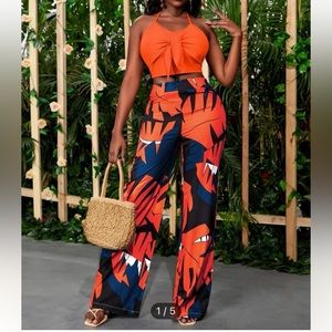 Shein backless halter AND plant print pants with side zipper